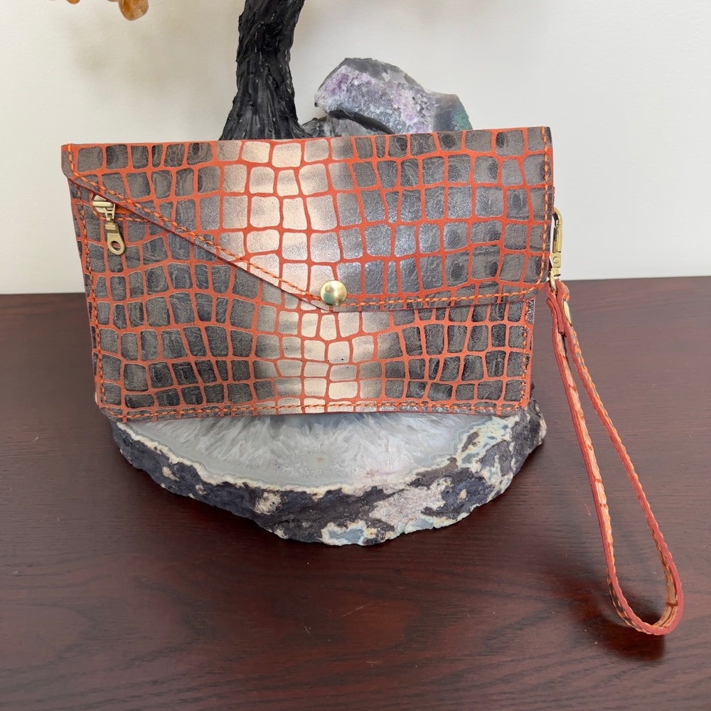 Handmade Orange & Taupe Croc Print Leather Clutch, Detach Strap, Gold Hardware
